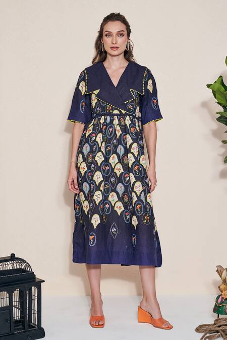 Buy Pozruh By Aiman Black Hemp Embroidery Collared Floral Printed Lapel Midi Dress Online at Aza Fashions Buy_Pozruh By Aiman_Black Hemp Embroidery Collared Floral Printed Lapel Midi Dress _Online_at_Aza_Fashions