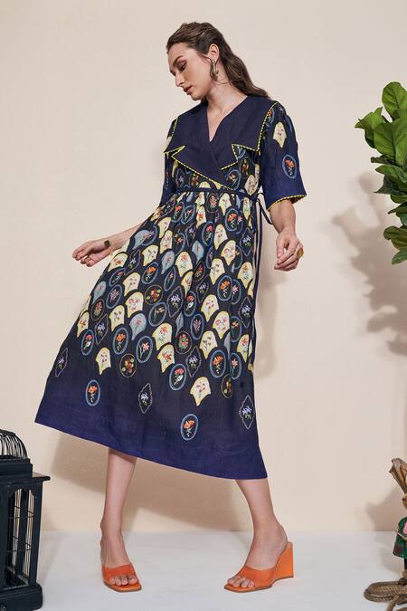 Shop Pozruh By Aiman Black Hemp Embroidery Collared Floral Printed Lapel Midi Dress Online at Aza Fashions Shop_Pozruh By Aiman_Black Hemp Embroidery Collared Floral Printed Lapel Midi Dress _Online_at_Aza_Fashions