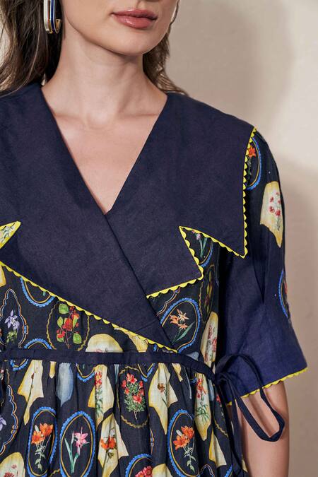 Pozruh By Aiman Black Hemp Embroidery Collared Floral Printed Lapel Midi Dress at Aza Fashions Pozruh By Aiman_Black Hemp Embroidery Collared Floral Printed Lapel Midi Dress _at_Aza_Fashions