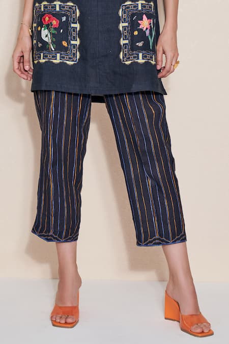 Pozruh By Aiman_Black Hemp Embroidery Collared Magpie Printed Tunic And Trouser Set _Online_at_Aza_Fashions