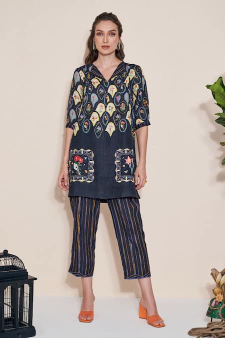 Buy_Pozruh By Aiman_Black Hemp Embroidery Collared Magpie Printed Tunic And Trouser Set _Online_at_Aza_Fashions