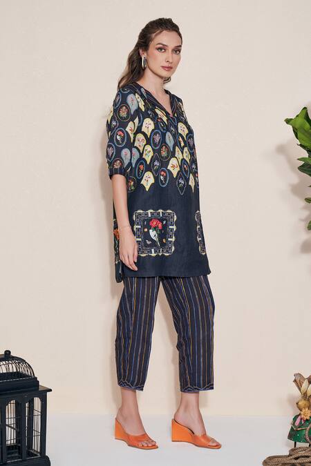 Shop_Pozruh By Aiman_Black Hemp Embroidery Collared Magpie Printed Tunic And Trouser Set _Online_at_Aza_Fashions
