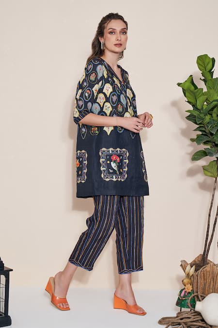 Pozruh By Aiman_Black Hemp Embroidery Collared Magpie Printed Tunic And Trouser Set _at_Aza_Fashions
