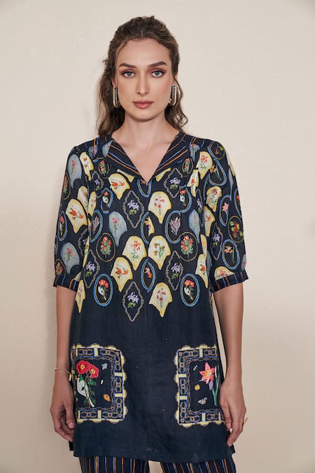 Buy_Pozruh By Aiman_Black Hemp Embroidery Collared Magpie Printed Tunic And Trouser Set 