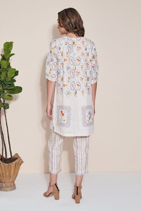 Pozruh By Aiman_White Hemp Embroidery Collared Magpie Printed Tunic And Trouser Set _Online_at_Aza_Fashions