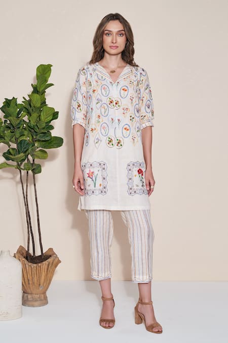 Shop_Pozruh By Aiman_White Hemp Embroidery Collared Magpie Printed Tunic And Trouser Set _Online_at_Aza_Fashions