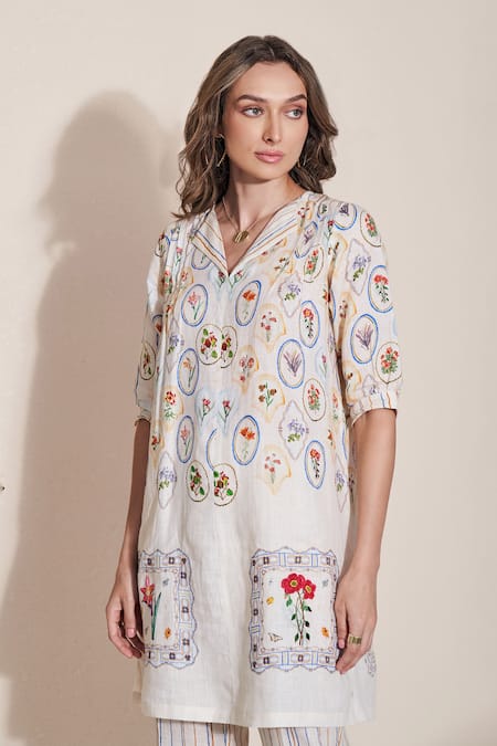 Pozruh By Aiman_White Hemp Embroidery Collared Magpie Printed Tunic And Trouser Set _at_Aza_Fashions