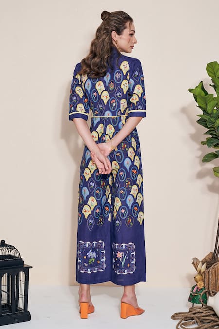Pozruh By Aiman Blue Hemp Collared Moxie Printed Jumpsuit Online at Aza Fashions Pozruh By Aiman_Blue Hemp Collared Moxie Printed Jumpsuit _Online_at_Aza_Fashions