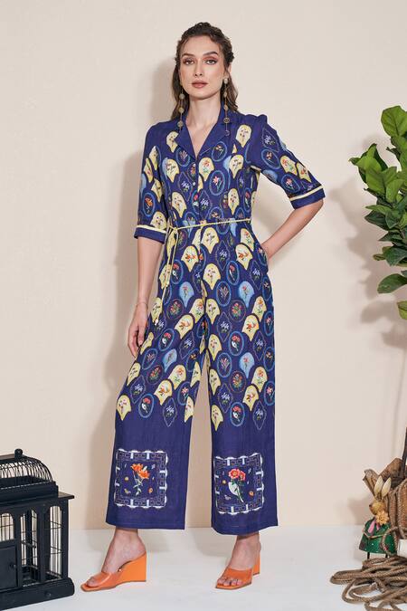Buy Pozruh By Aiman Blue Hemp Collared Moxie Printed Jumpsuit Online at Aza Fashions Buy_Pozruh By Aiman_Blue Hemp Collared Moxie Printed Jumpsuit _Online_at_Aza_Fashions