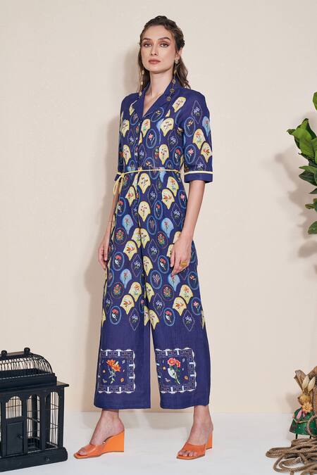 Shop Pozruh By Aiman Blue Hemp Collared Moxie Printed Jumpsuit Online at Aza Fashions Shop_Pozruh By Aiman_Blue Hemp Collared Moxie Printed Jumpsuit _Online_at_Aza_Fashions