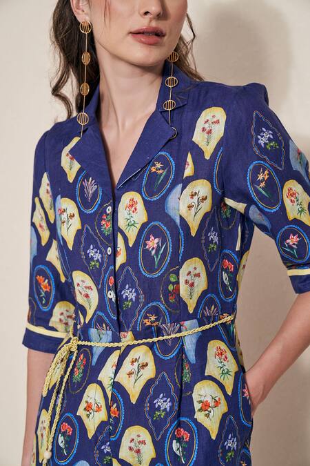 Pozruh By Aiman Blue Hemp Collared Moxie Printed Jumpsuit at Aza Fashions Pozruh By Aiman_Blue Hemp Collared Moxie Printed Jumpsuit _at_Aza_Fashions