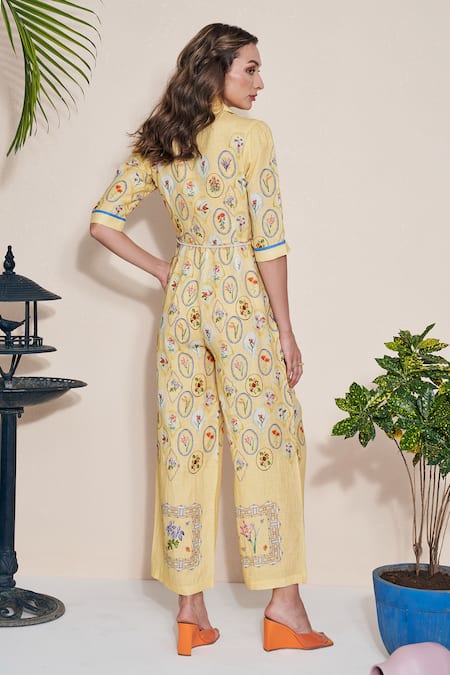 Pozruh By Aiman Yellow Hemp Collared Floral Vintage Print Jumpsuit Online at Aza Fashions Pozruh By Aiman_Yellow Hemp Collared Floral Vintage Print Jumpsuit _Online_at_Aza_Fashions