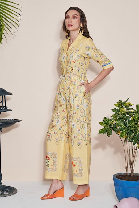 Buy Pozruh By Aiman Yellow Hemp Collared Floral Vintage Print Jumpsuit Online at Aza Fashions Buy_Pozruh By Aiman_Yellow Hemp Collared Floral Vintage Print Jumpsuit _Online_at_Aza_Fashions