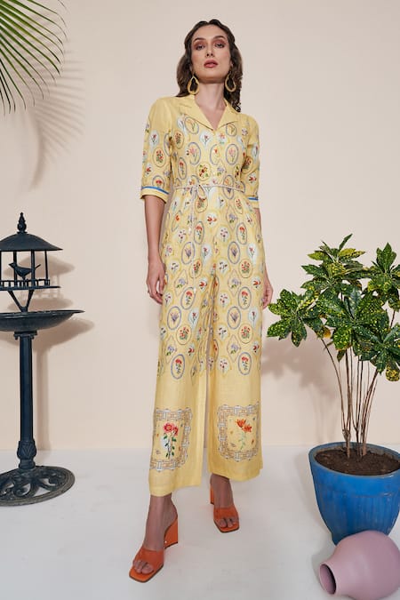 Shop Pozruh By Aiman Yellow Hemp Collared Floral Vintage Print Jumpsuit Online at Aza Fashions Shop_Pozruh By Aiman_Yellow Hemp Collared Floral Vintage Print Jumpsuit _Online_at_Aza_Fashions