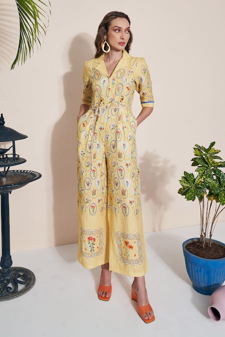 Pozruh By Aiman Yellow Hemp Collared Floral Vintage Print Jumpsuit at Aza Fashions Pozruh By Aiman_Yellow Hemp Collared Floral Vintage Print Jumpsuit _at_Aza_Fashions