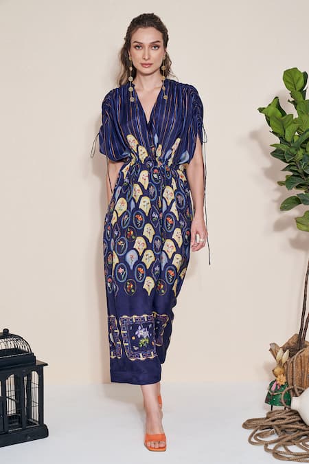 Buy_Pozruh By Aiman_Blue Silk V-neck Moxie Printed Hemp Kaftan _Online_at_Aza_Fashions