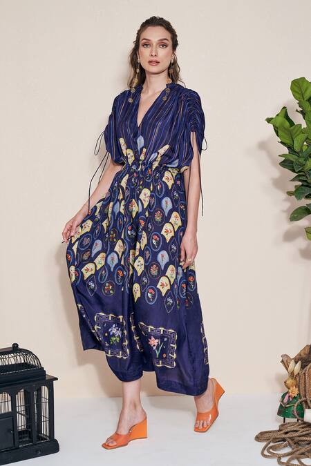 Shop_Pozruh By Aiman_Blue Silk V-neck Moxie Printed Hemp Kaftan _Online_at_Aza_Fashions