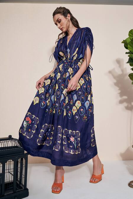 Pozruh By Aiman_Blue Silk V-neck Moxie Printed Hemp Kaftan _at_Aza_Fashions