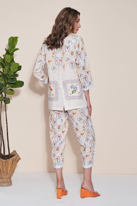 Pozruh By Aiman_Ivory Hemp Pearls, Embroidery Collared Nigel Printed Jacket And Trouser Set _Online_at_Aza_Fashions