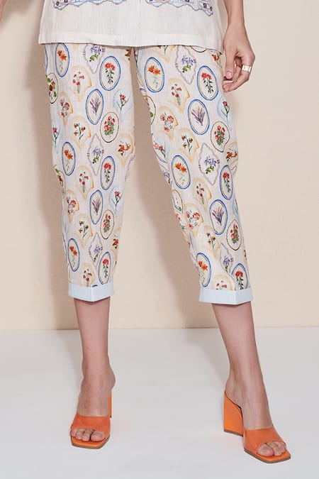 Buy_Pozruh By Aiman_Ivory Hemp Pearls, Embroidery Collared Nigel Printed Jacket And Trouser Set _Online_at_Aza_Fashions