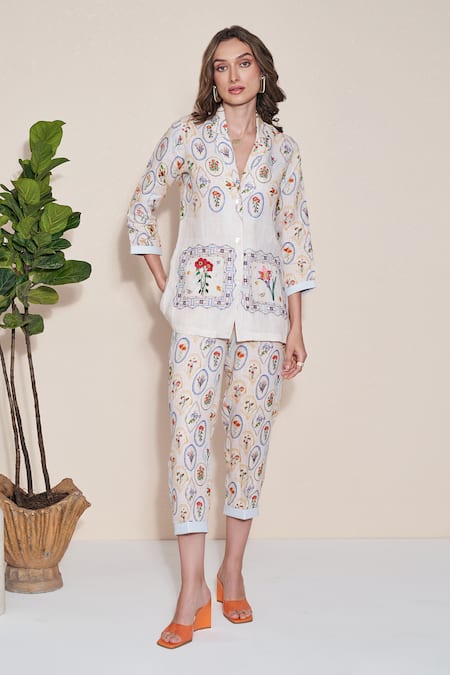 Shop_Pozruh By Aiman_Ivory Hemp Pearls, Embroidery Collared Nigel Printed Jacket And Trouser Set _Online_at_Aza_Fashions