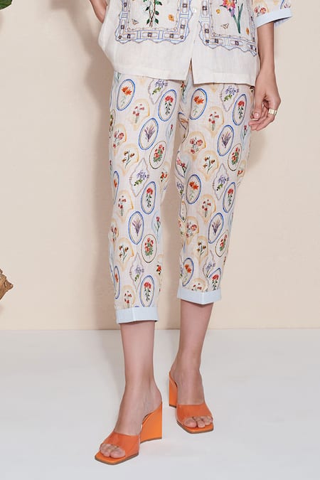 POZRUH_Ivory Hemp Embroidery Nigel Printed Trouser _at_Aza_Fashions