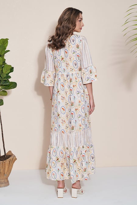 POZRUH Ivory Hemp Embroidery Square Neck Adelie Floral Print Maxi Dress Online at Aza Fashions POZRUH_Ivory Hemp Embroidery Square Neck Adelie Floral Print Maxi Dress _Online_at_Aza_Fashions