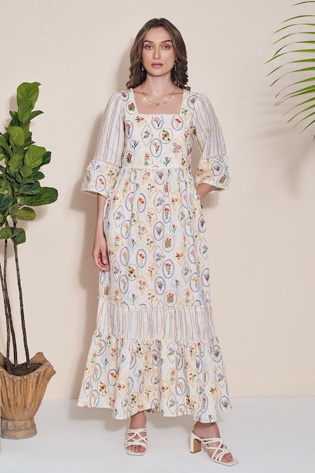 Buy POZRUH Ivory Hemp Embroidery Square Neck Adelie Floral Print Maxi Dress Online at Aza Fashions Buy_POZRUH_Ivory Hemp Embroidery Square Neck Adelie Floral Print Maxi Dress _Online_at_Aza_Fashions