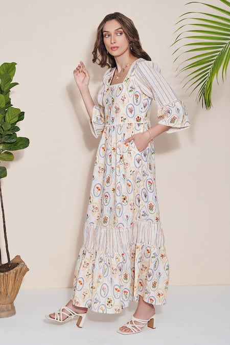 Shop POZRUH Ivory Hemp Embroidery Square Neck Adelie Floral Print Maxi Dress Online at Aza Fashions Shop_POZRUH_Ivory Hemp Embroidery Square Neck Adelie Floral Print Maxi Dress _Online_at_Aza_Fashions