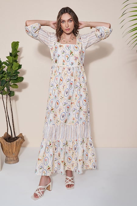 POZRUH Ivory Hemp Embroidery Square Neck Adelie Floral Print Maxi Dress at Aza Fashions POZRUH_Ivory Hemp Embroidery Square Neck Adelie Floral Print Maxi Dress _at_Aza_Fashions