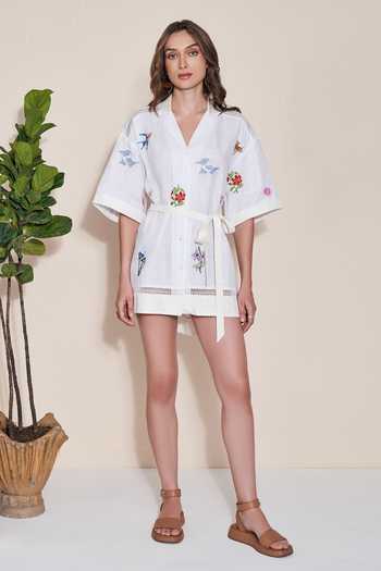 Buy_POZRUH_White Hemp Lace, Cut Work, Embroidery Collared Alpha Printed Shirt Dress _Online_at_Aza_Fashions
