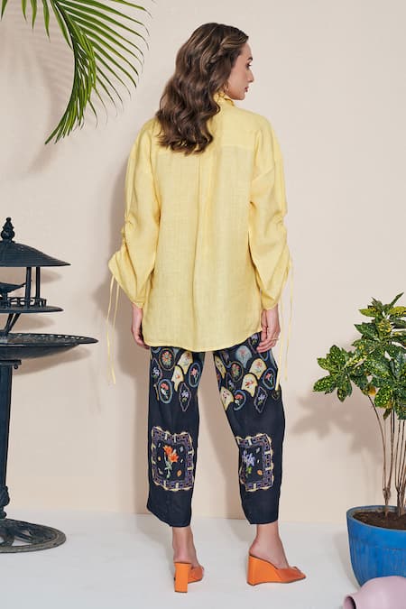 Pozruh By Aiman Yellow Hemp Embroidery Billie String Detailed Shirt Online at Aza Fashions Pozruh By Aiman_Yellow Hemp Embroidery Billie String Detailed Shirt _Online_at_Aza_Fashions