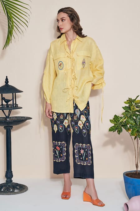 Buy Pozruh By Aiman Yellow Hemp Embroidery Billie String Detailed Shirt Online at Aza Fashions Buy_Pozruh By Aiman_Yellow Hemp Embroidery Billie String Detailed Shirt _Online_at_Aza_Fashions