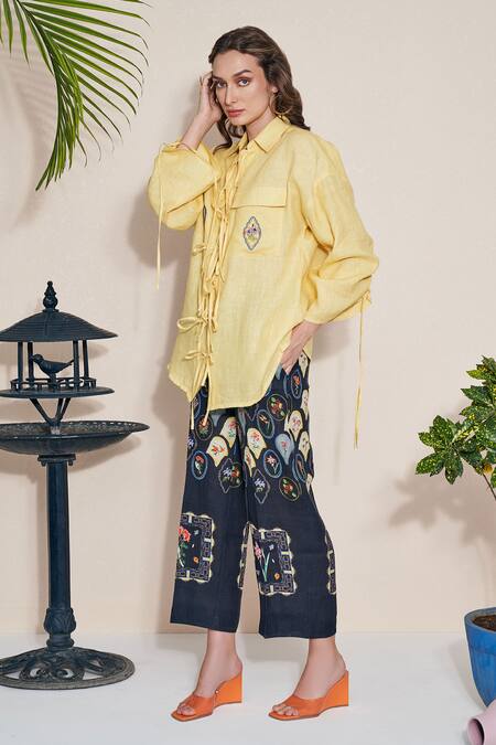 Shop Pozruh By Aiman Yellow Hemp Embroidery Billie String Detailed Shirt Online at Aza Fashions Shop_Pozruh By Aiman_Yellow Hemp Embroidery Billie String Detailed Shirt _Online_at_Aza_Fashions