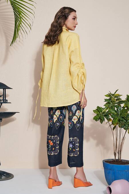 Pozruh By Aiman Yellow Hemp Embroidery Billie String Detailed Shirt at Aza Fashions Pozruh By Aiman_Yellow Hemp Embroidery Billie String Detailed Shirt _at_Aza_Fashions