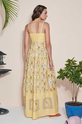 POZRUH_Yellow Hemp Embroidery Square Neck Floral Maxi Dress _Online_at_Aza_Fashions