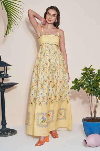 Buy_POZRUH_Yellow Hemp Embroidery Square Neck Floral Maxi Dress _Online_at_Aza_Fashions
