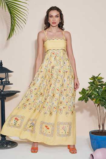 Shop_POZRUH_Yellow Hemp Embroidery Square Neck Floral Maxi Dress _Online_at_Aza_Fashions