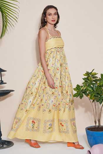 POZRUH_Yellow Hemp Embroidery Square Neck Floral Maxi Dress _at_Aza_Fashions