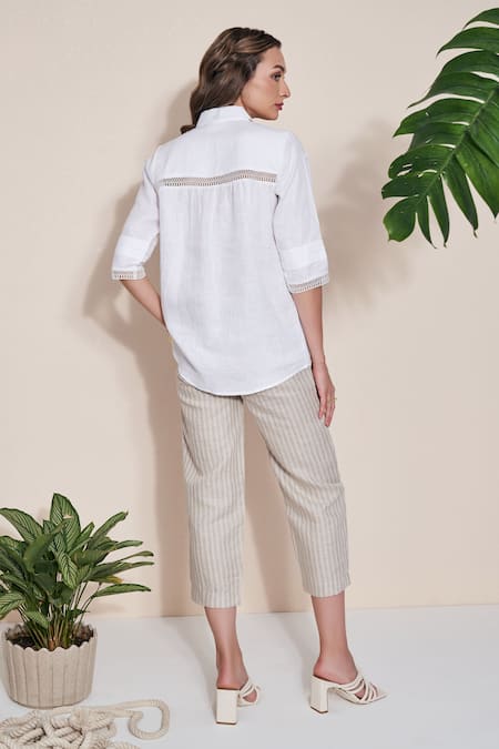 POZRUH White Hemp Embroidery Collared Embellished Shirt Online at Aza Fashions POZRUH_White Hemp Embroidery Collared Embellished Shirt _Online_at_Aza_Fashions