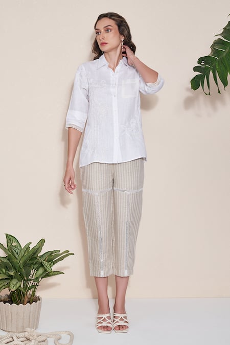 Buy POZRUH White Hemp Embroidery Collared Embellished Shirt Online at Aza Fashions Buy_POZRUH_White Hemp Embroidery Collared Embellished Shirt _Online_at_Aza_Fashions