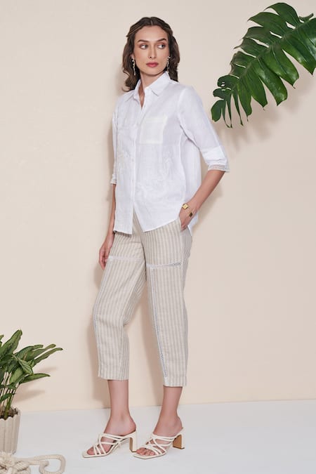 Shop POZRUH White Hemp Embroidery Collared Embellished Shirt Online at Aza Fashions Shop_POZRUH_White Hemp Embroidery Collared Embellished Shirt _Online_at_Aza_Fashions