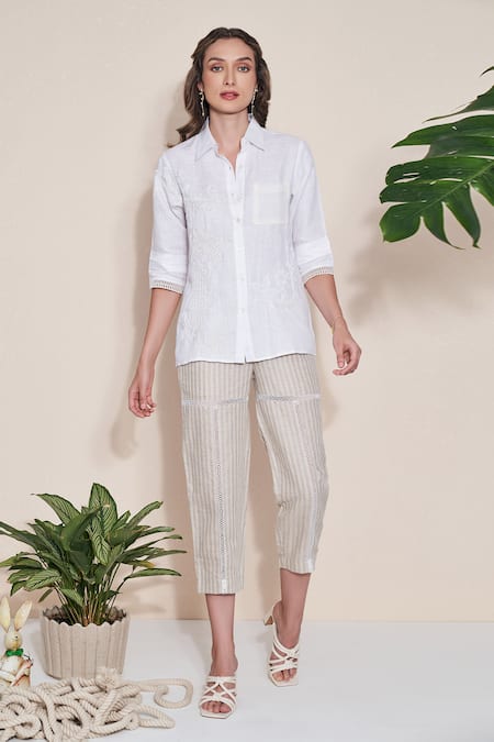 POZRUH White Hemp Embroidery Collared Embellished Shirt at Aza Fashions POZRUH_White Hemp Embroidery Collared Embellished Shirt _at_Aza_Fashions