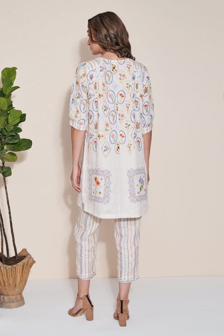 Shop_Pozruh By Aiman_Ivory Pure Hemp Printed Stripe Magpie Trouser  _at_Aza_Fashions