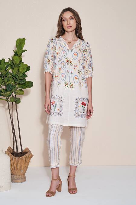 Buy_Pozruh By Aiman_Ivory Pure Hemp Printed Stripe Magpie Trouser  _Online_at_Aza_Fashions
