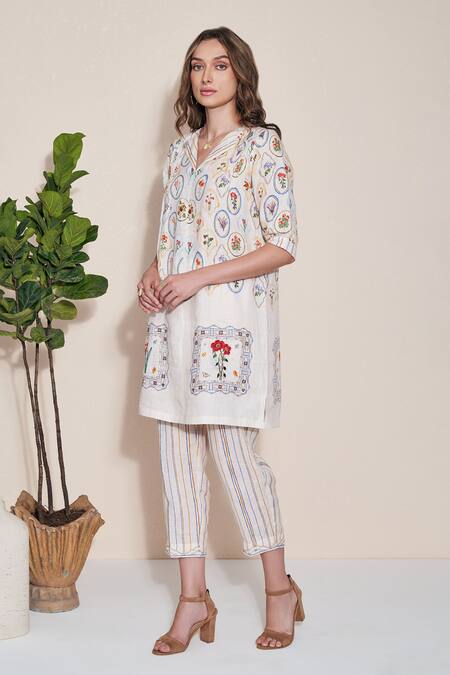 Shop_Pozruh By Aiman_Ivory Pure Hemp Printed Stripe Magpie Trouser  _Online_at_Aza_Fashions