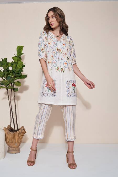 Pozruh By Aiman_Ivory Pure Hemp Printed Stripe Magpie Trouser  _at_Aza_Fashions
