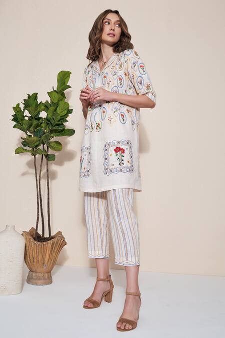 Buy_Pozruh By Aiman_Ivory Pure Hemp Printed Stripe Magpie Trouser  