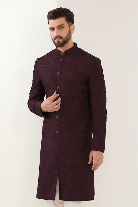 Shop_Kasbah_Wine Silk Metallic Thread Embroidered Sherwani Set _Online_at_Aza_Fashions