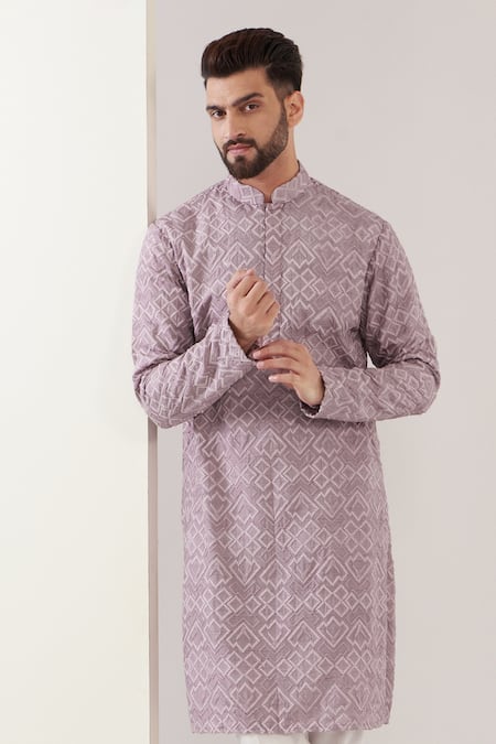 Shop_Kasbah_Purple Silk, Cotton Embroidery Thread Kurta Set _Online_at_Aza_Fashions